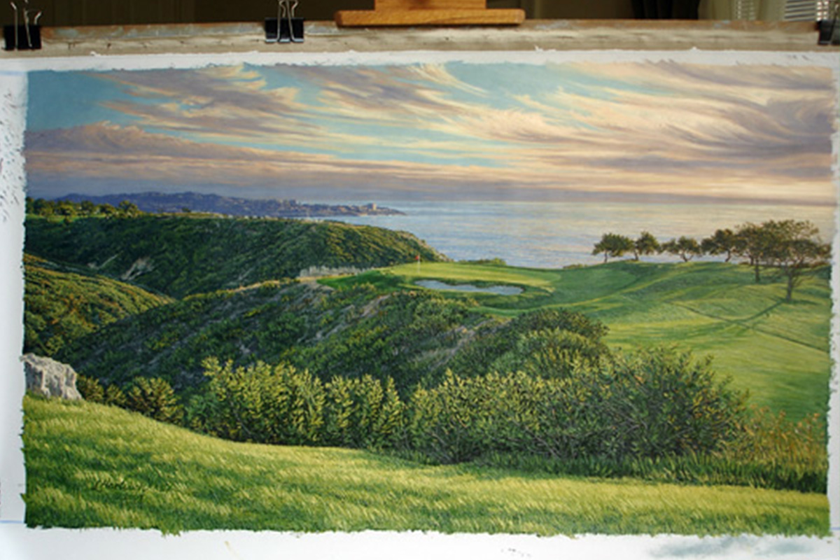 A painting of the 3rd hole at Torrey Pines, 2008 US Open Championship by renowned Hilton Head Island artist Linda Hartough