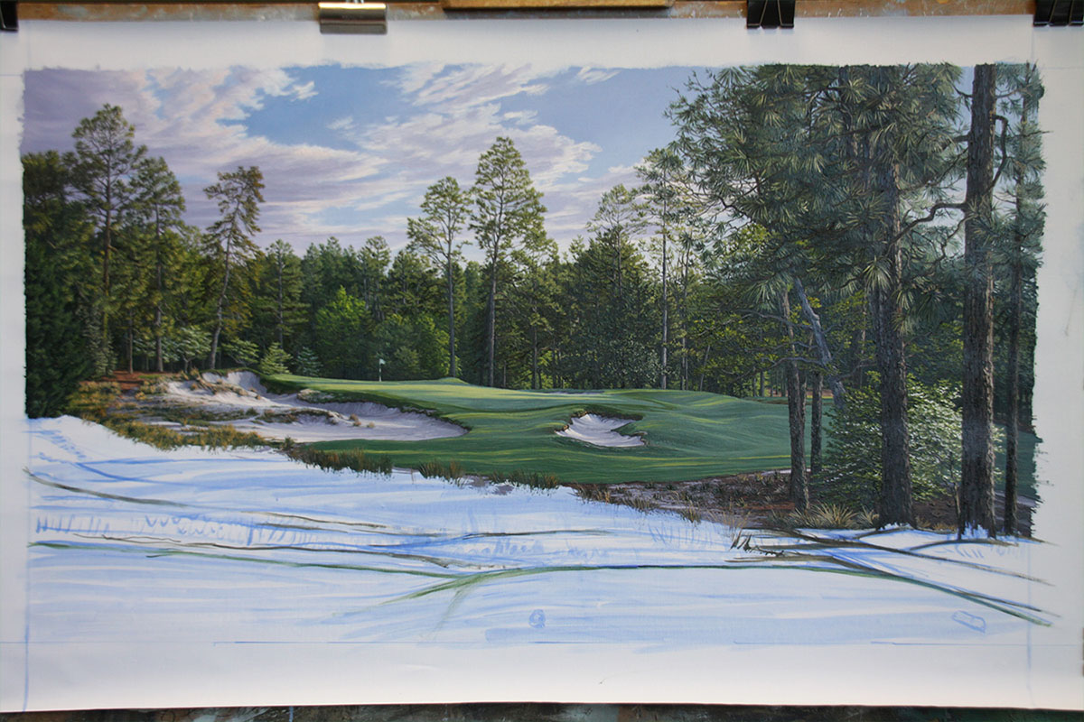 A work-in-progress painting of the 5th hole at Pinehurst, 2014 US Open Championship by renowned Hilton Head Island artist Linda Hartough