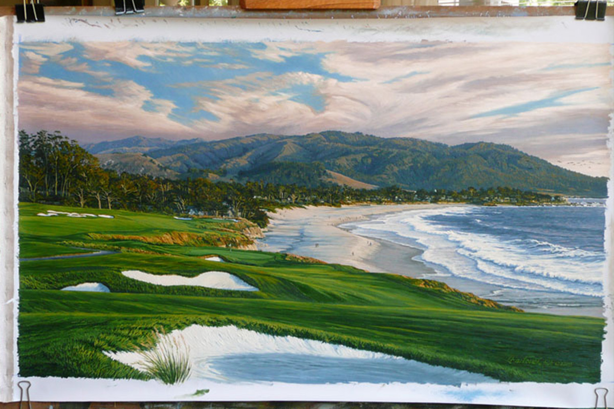 A painting of the 9th hole at Pebble Beach, 2010 US Open Championship by renowned Hilton Head Island artist Linda Hartough