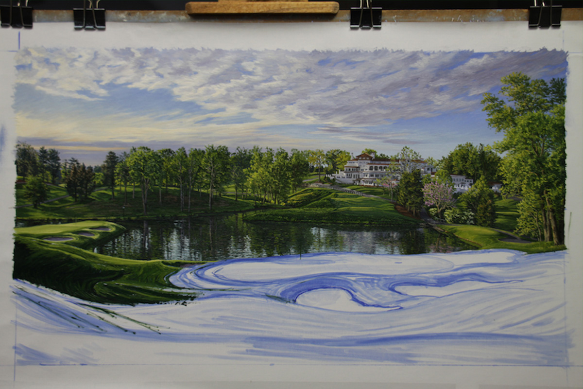 A work-in-progress painting of the 10th hole at Congressional, 2011 US Open Championship by renowned Hilton Head Island artist Linda Hartough