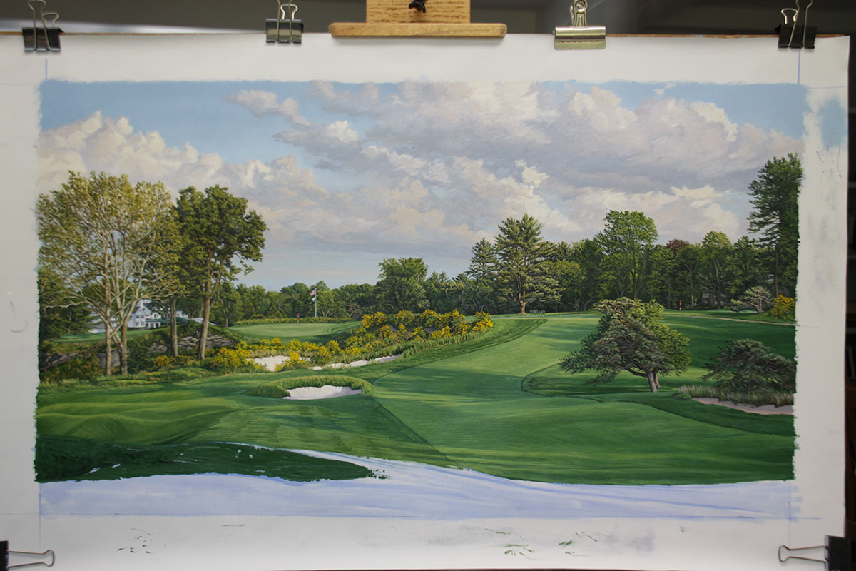 A work-in-progress painting of the 16th hole at Merion, 2013 US Open Championship by renowned Hilton Head Island artist Linda Hartough