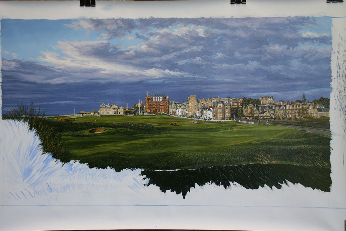 A work-in-progress painting of the 17th hole at Road Hole, St Andrews by renowned Hilton Head Island artist Linda Hartough