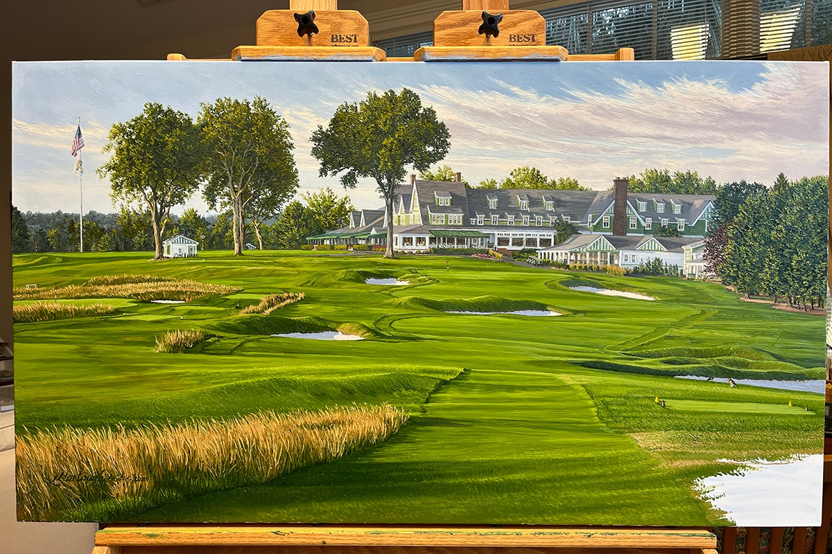 A work-in-progress painting of the 18th hole at Oakmont Country Club by renowned Hilton Head Island artist Linda Hartough