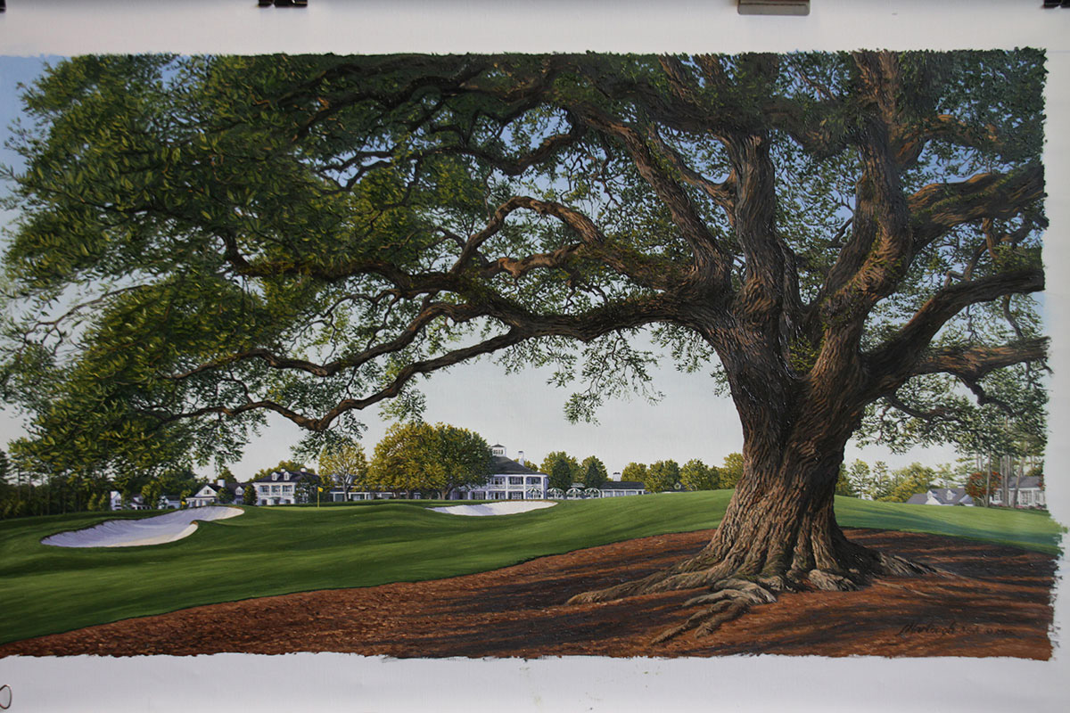 A painting of the 18th hole at Clubhouse, Augusta National by renowned Hilton Head Island artist Linda Hartough
