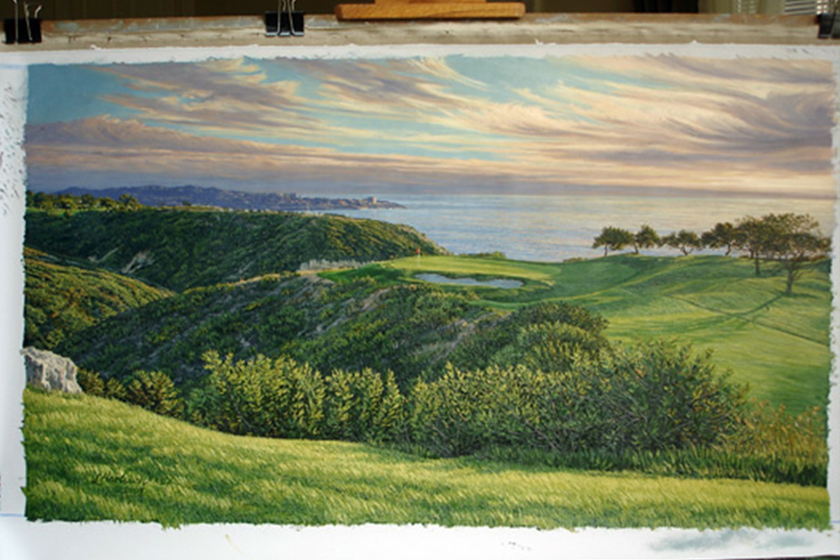 A painting of the 3rd hole at Torrey Pines, 2008 US Open Championship by renowned Hilton Head Island artist Linda Hartough
