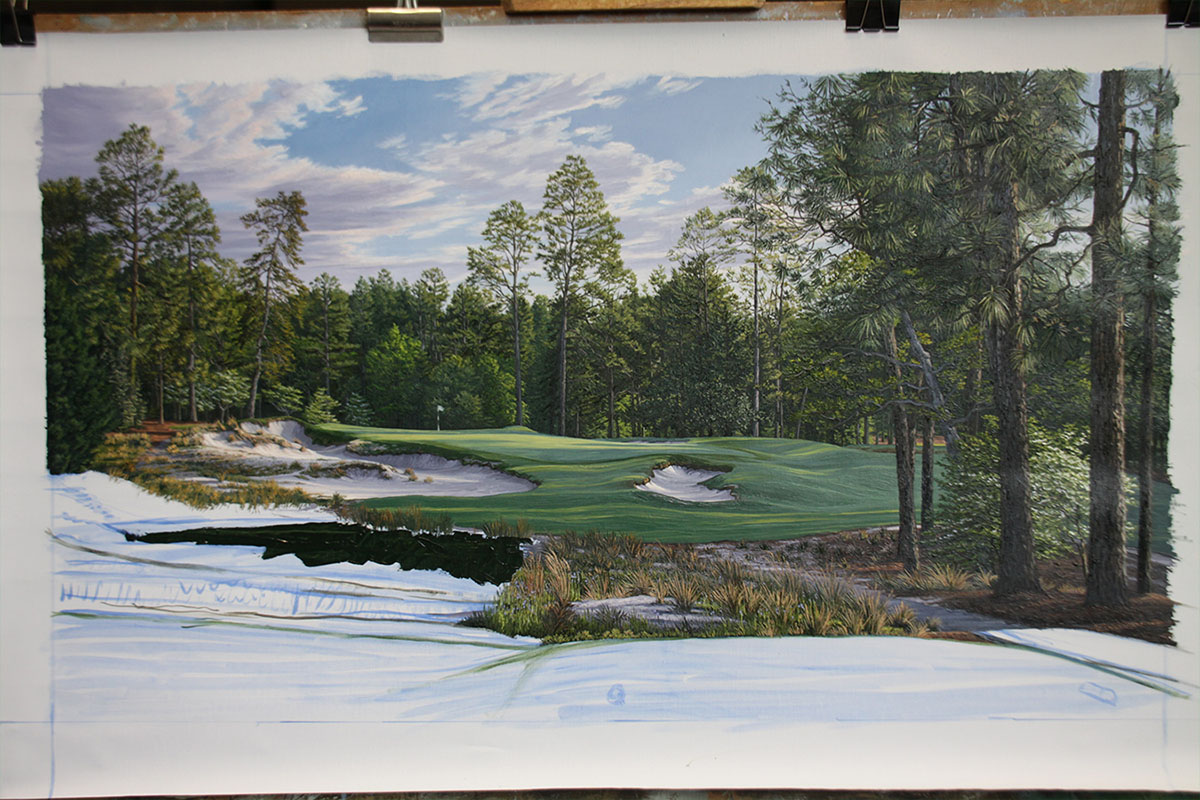 A work-in-progress painting of the 5th hole at Pinehurst, 2014 US Open Championship by renowned Hilton Head Island artist Linda Hartough