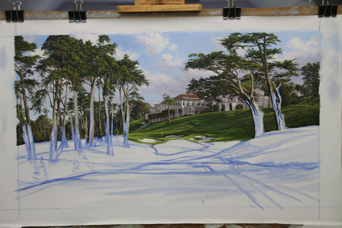 A work-in-progress painting of the 8th hole at Olympic, 2012 US Open Championship by renowned Hilton Head Island artist Linda Hartough