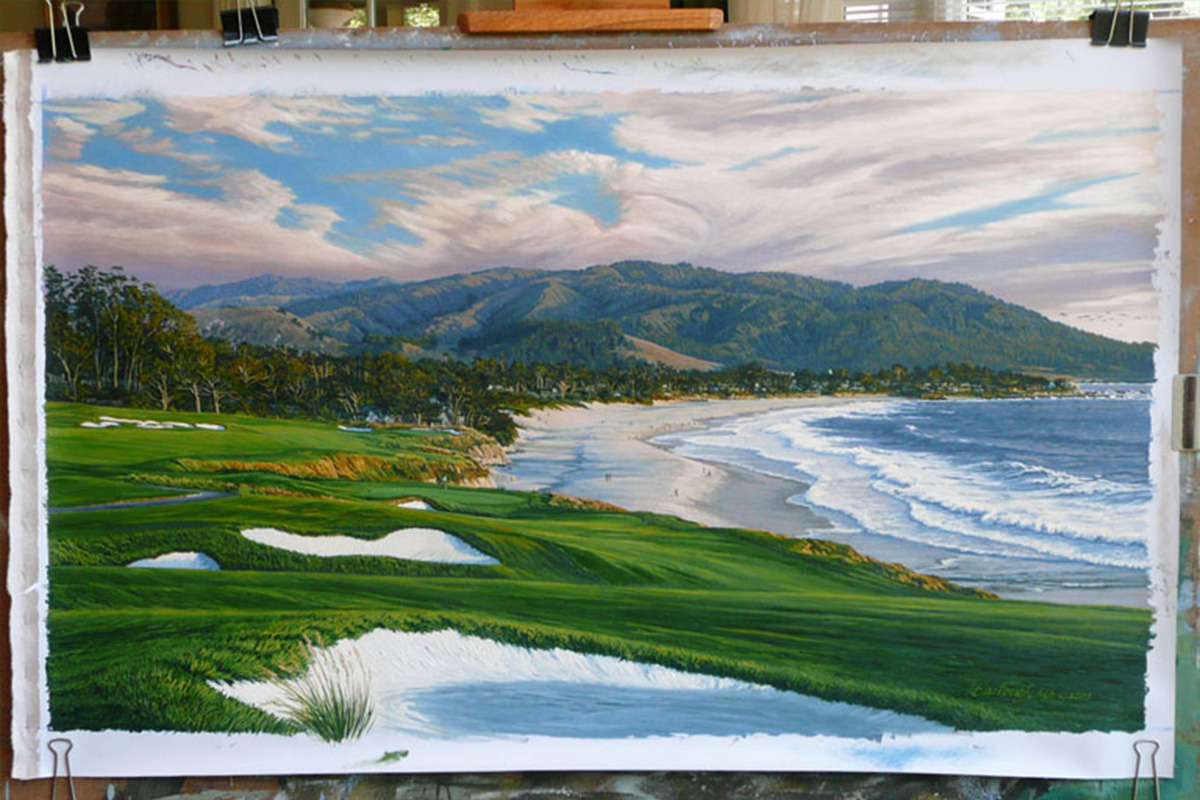 A painting of the 9th hole at Pebble Beach, 2010 US Open Championship by renowned Hilton Head Island artist Linda Hartough