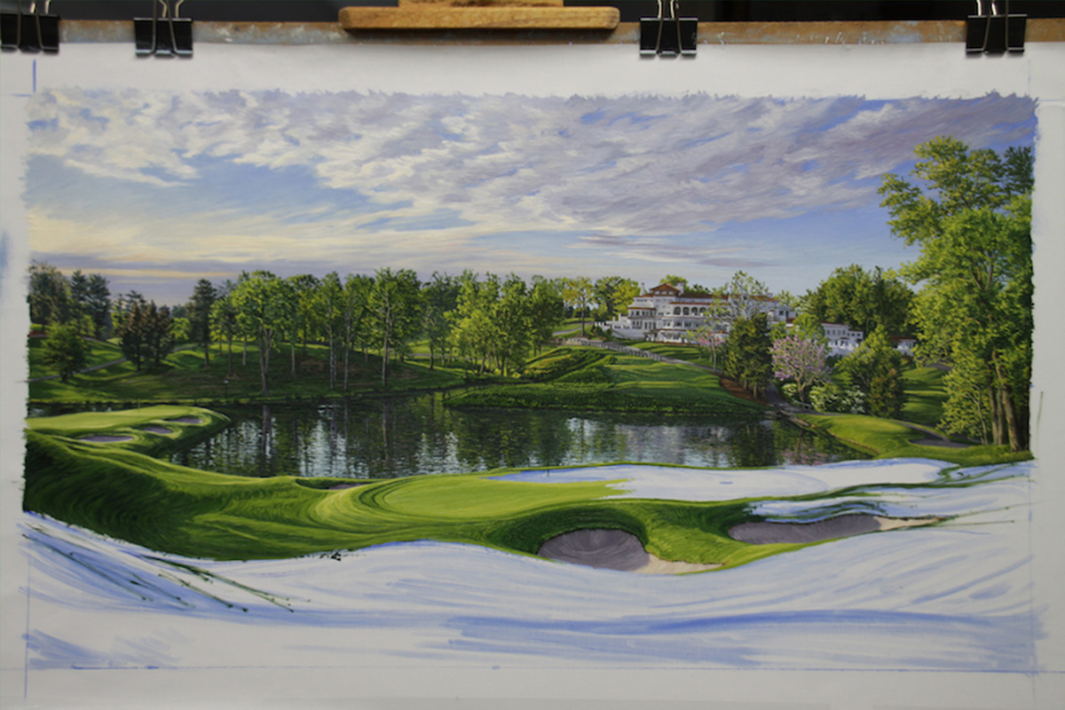 A work-in-progress painting of the 10th hole at Congressional, 2011 US Open Championship by renowned Hilton Head Island artist Linda Hartough