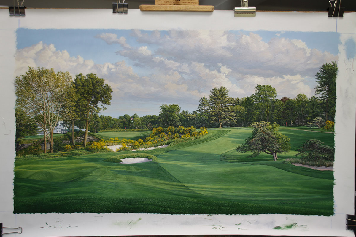 A painting of the 16th hole at Merion, 2013 US Open Championship by renowned Hilton Head Island artist Linda Hartough