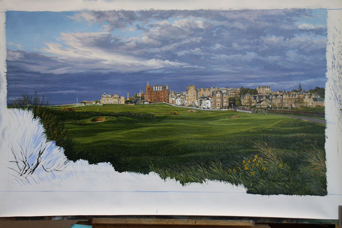 A work-in-progress painting of the 17th hole at Road Hole, St Andrews by renowned Hilton Head Island artist Linda Hartough