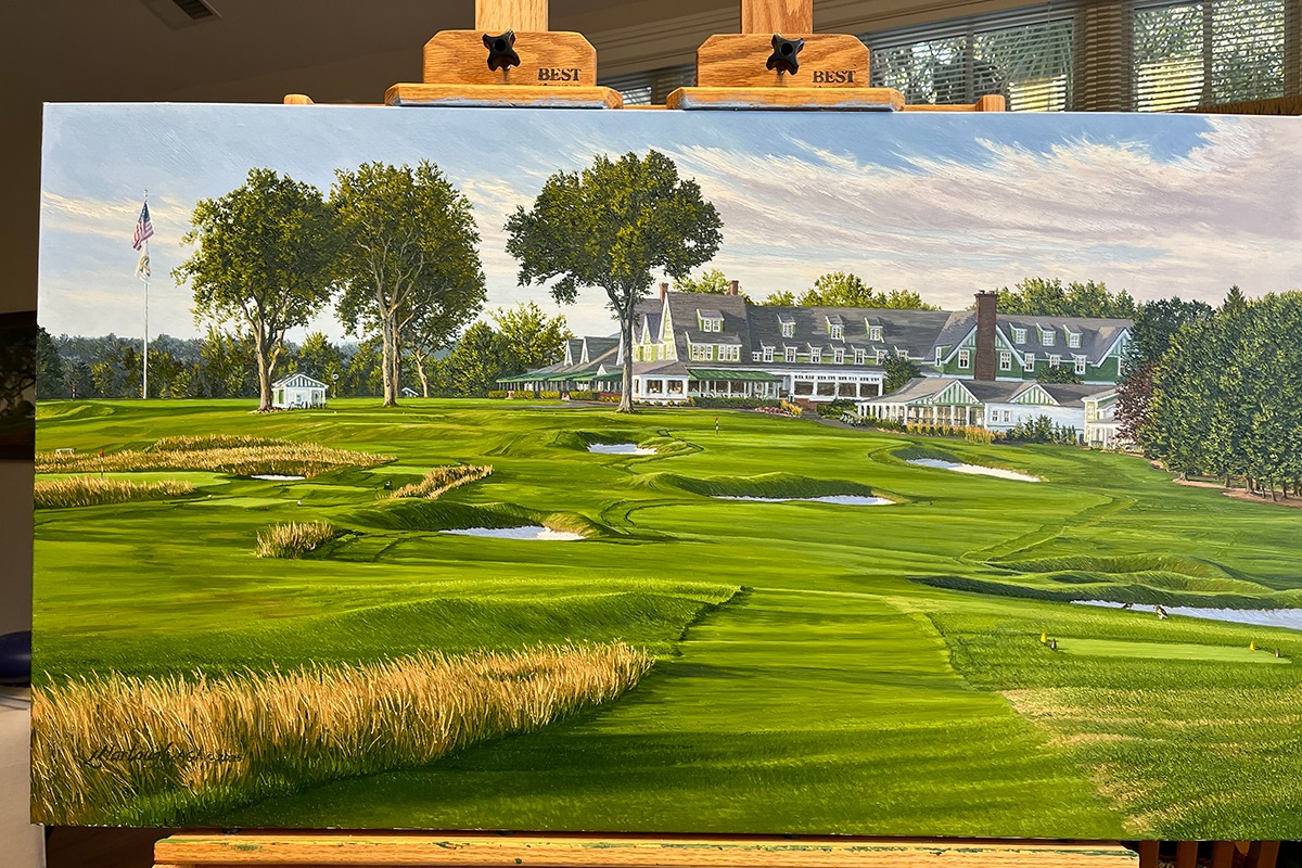 A painting of the 18th hole at Oakmont Country Club by renowned Hilton Head Island artist Linda Hartough