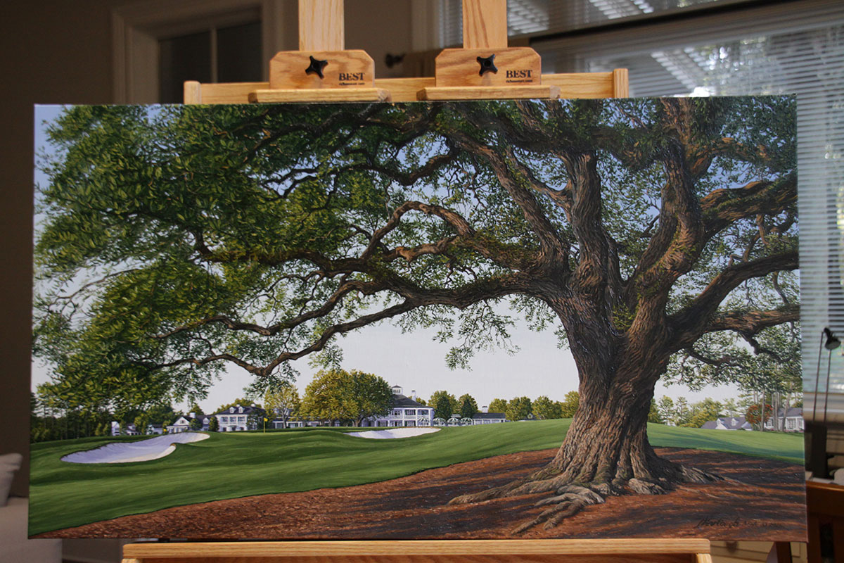 A painting of the 18th hole at Clubhouse, Augusta National by renowned Hilton Head Island artist Linda Hartough