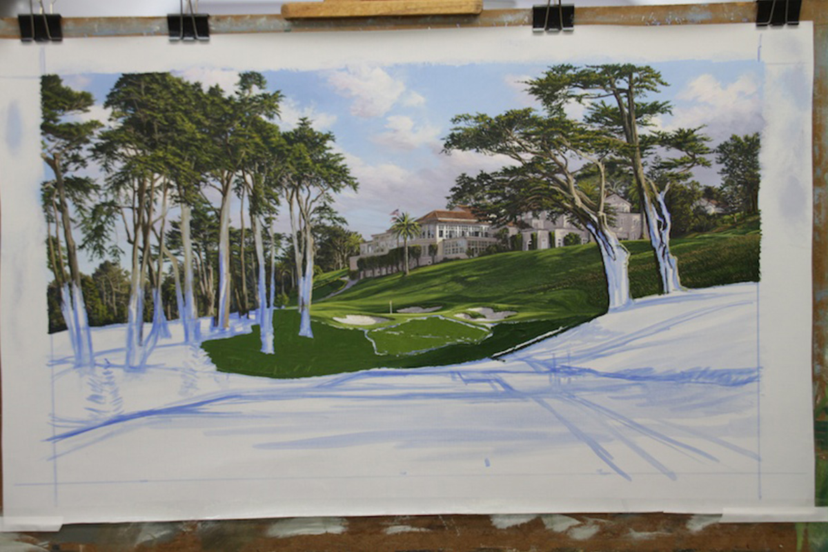 A work-in-progress painting of the 8th hole at Olympic, 2012 US Open Championship by renowned Hilton Head Island artist Linda Hartough