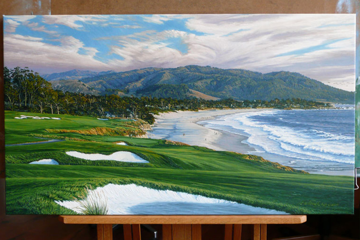 A painting of the 9th hole at Pebble Beach, 2010 US Open Championship by renowned Hilton Head Island artist Linda Hartough
