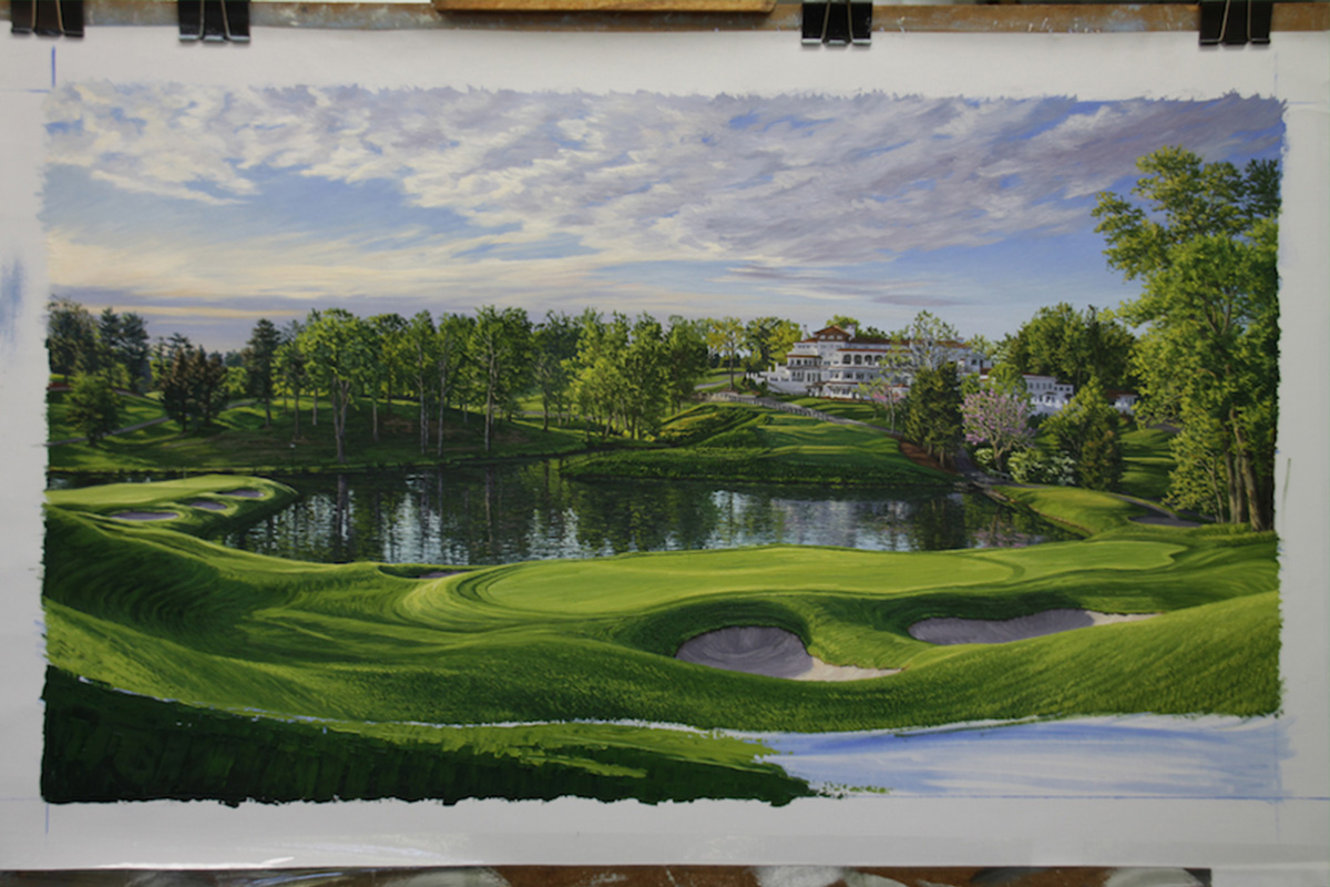 A work-in-progress painting of the 10th hole at Congressional, 2011 US Open Championship by renowned Hilton Head Island artist Linda Hartough