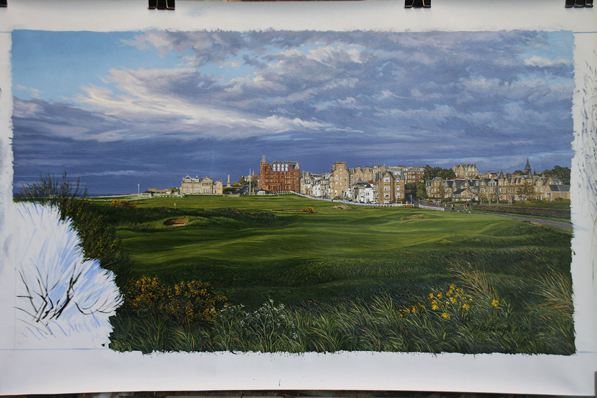 A work-in-progress painting of the 17th hole at Road Hole, St Andrews by renowned Hilton Head Island artist Linda Hartough