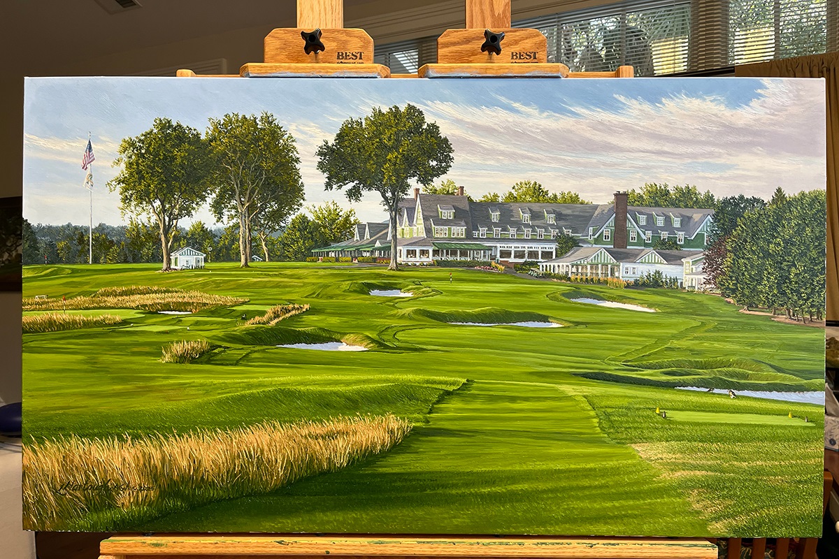 A painting of the 18th hole at Oakmont Country Club by renowned Hilton Head Island artist Linda Hartough