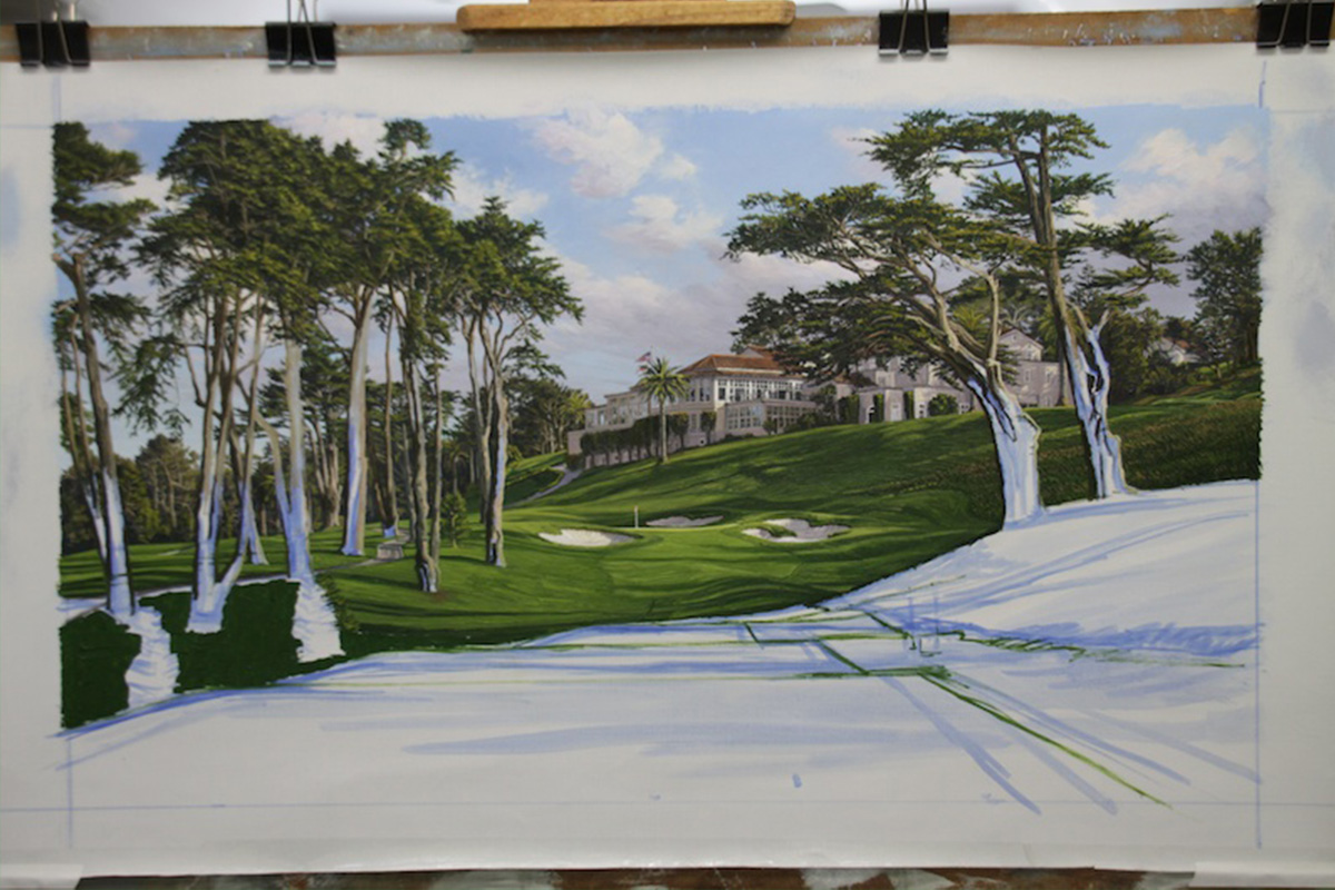 A work-in-progress painting of the 8th hole at Olympic, 2012 US Open Championship by renowned Hilton Head Island artist Linda Hartough
