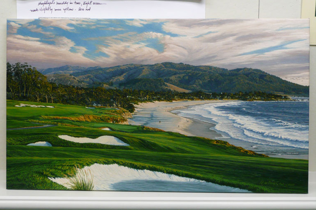 A painting of the 9th hole at Pebble Beach, 2010 US Open Championship by renowned Hilton Head Island artist Linda Hartough