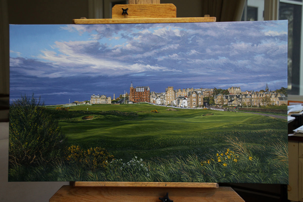 A painting of the 17th hole at Road Hole, St Andrews by renowned Hilton Head Island artist Linda Hartough