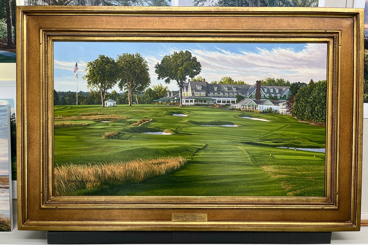 A framed painting of the 18th hole at Oakmont Country Club by renowned Hilton Head Island artist Linda Hartough