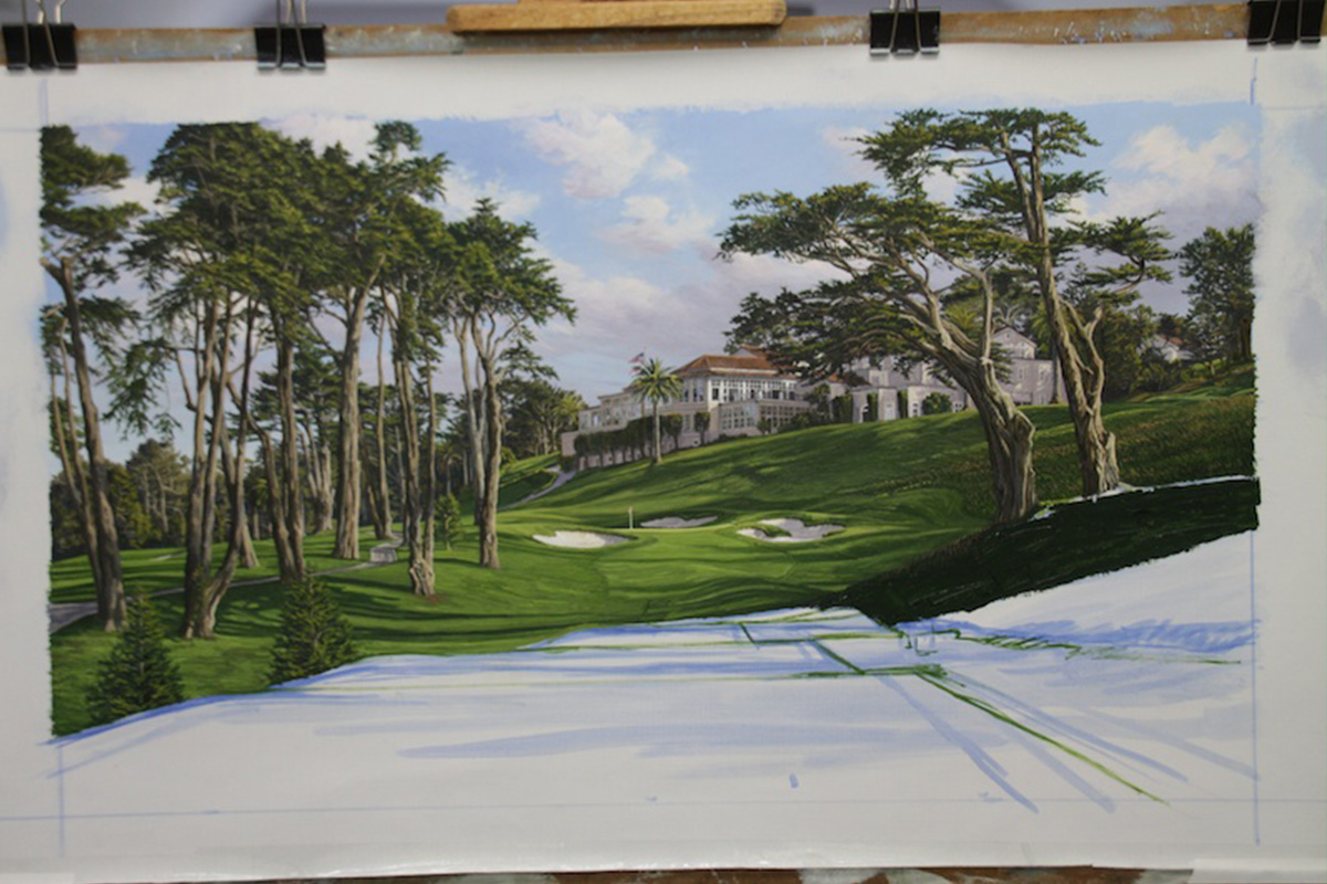 A work-in-progress painting of the 8th hole at Olympic, 2012 US Open Championship by renowned Hilton Head Island artist Linda Hartough