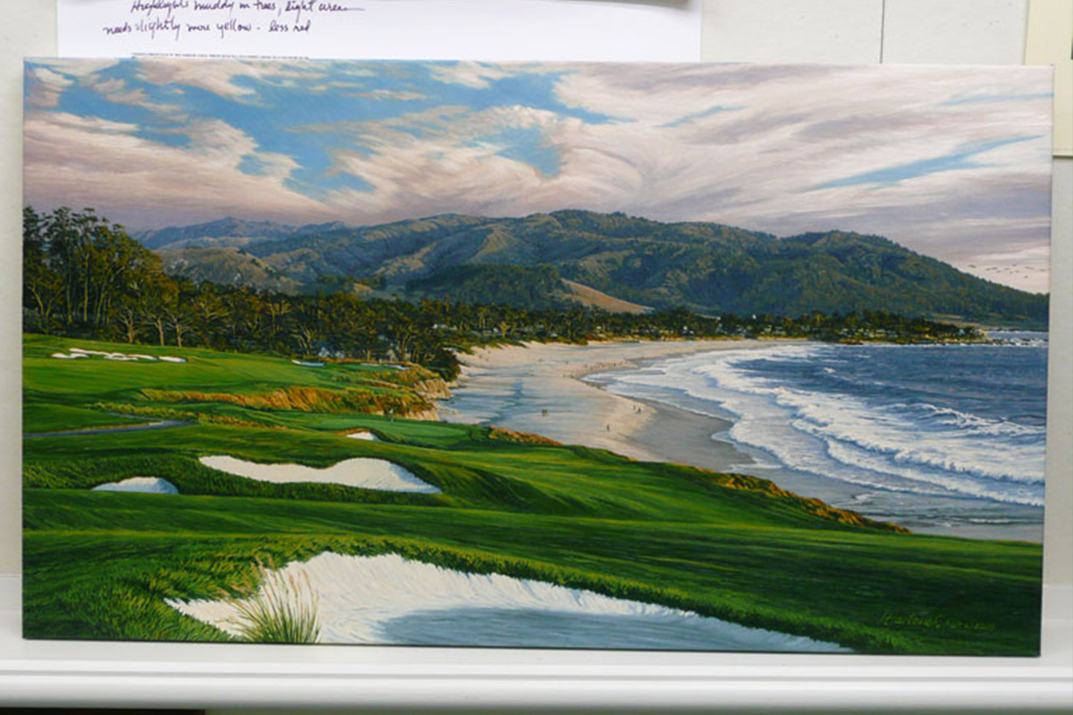 A painting of the 9th hole at Pebble Beach, 2010 US Open Championship by renowned Hilton Head Island artist Linda Hartough