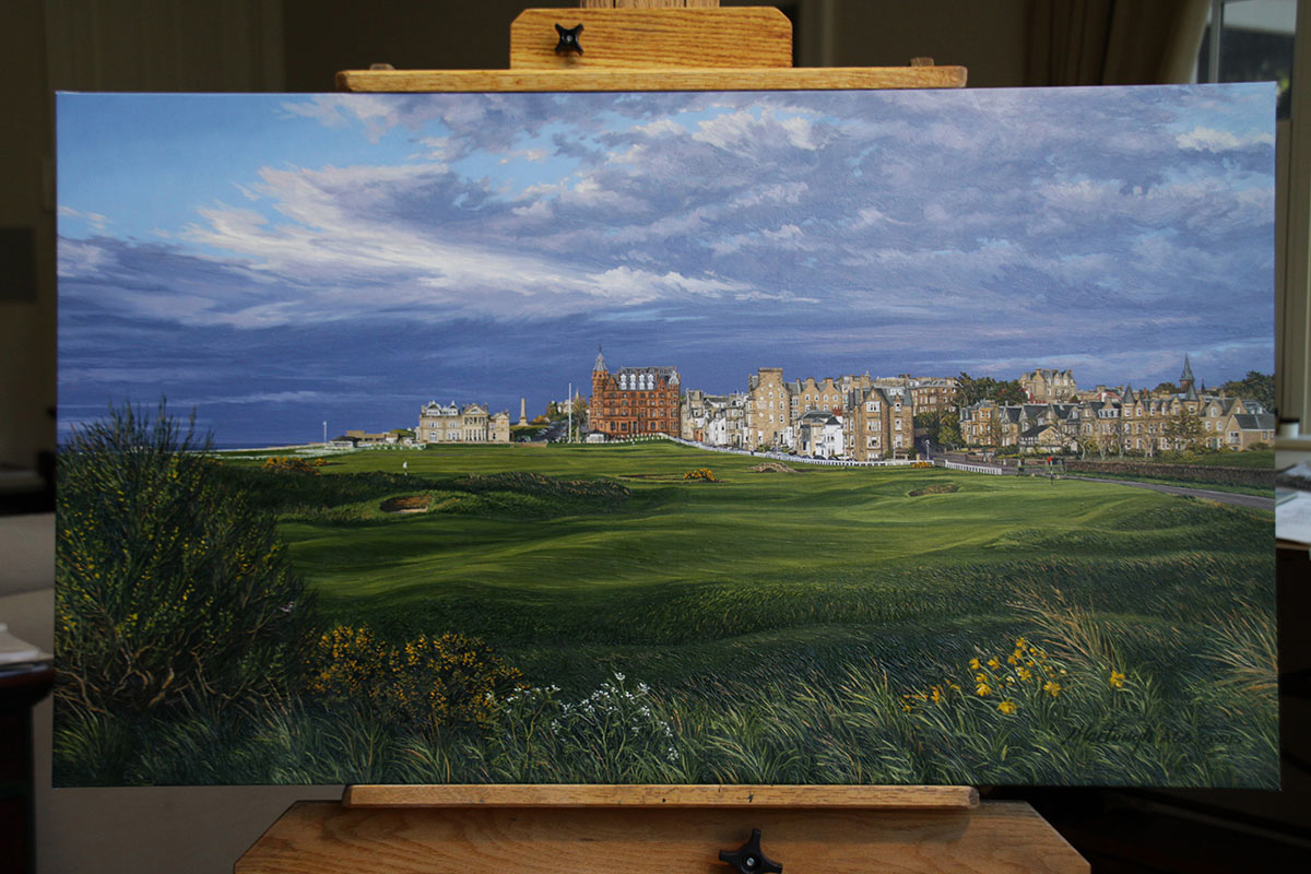 A painting of the 17th hole at Road Hole, St Andrews by renowned Hilton Head Island artist Linda Hartough