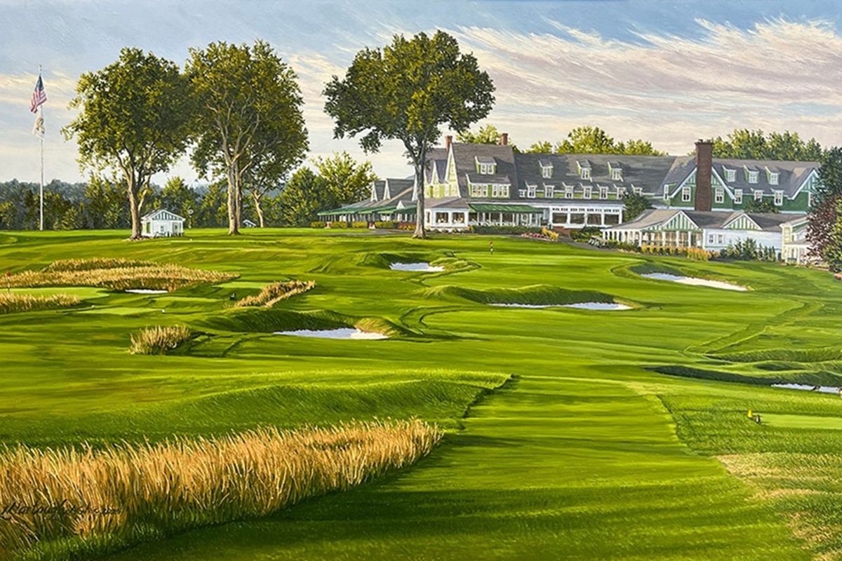 A painting of the 18th hole at Oakmont Country Club by renowned Hilton Head Island artist Linda Hartough