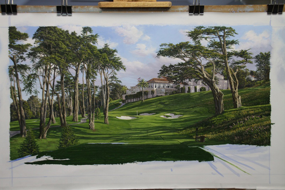 A work-in-progress painting of the 8th hole at Olympic, 2012 US Open Championship by renowned Hilton Head Island artist Linda Hartough