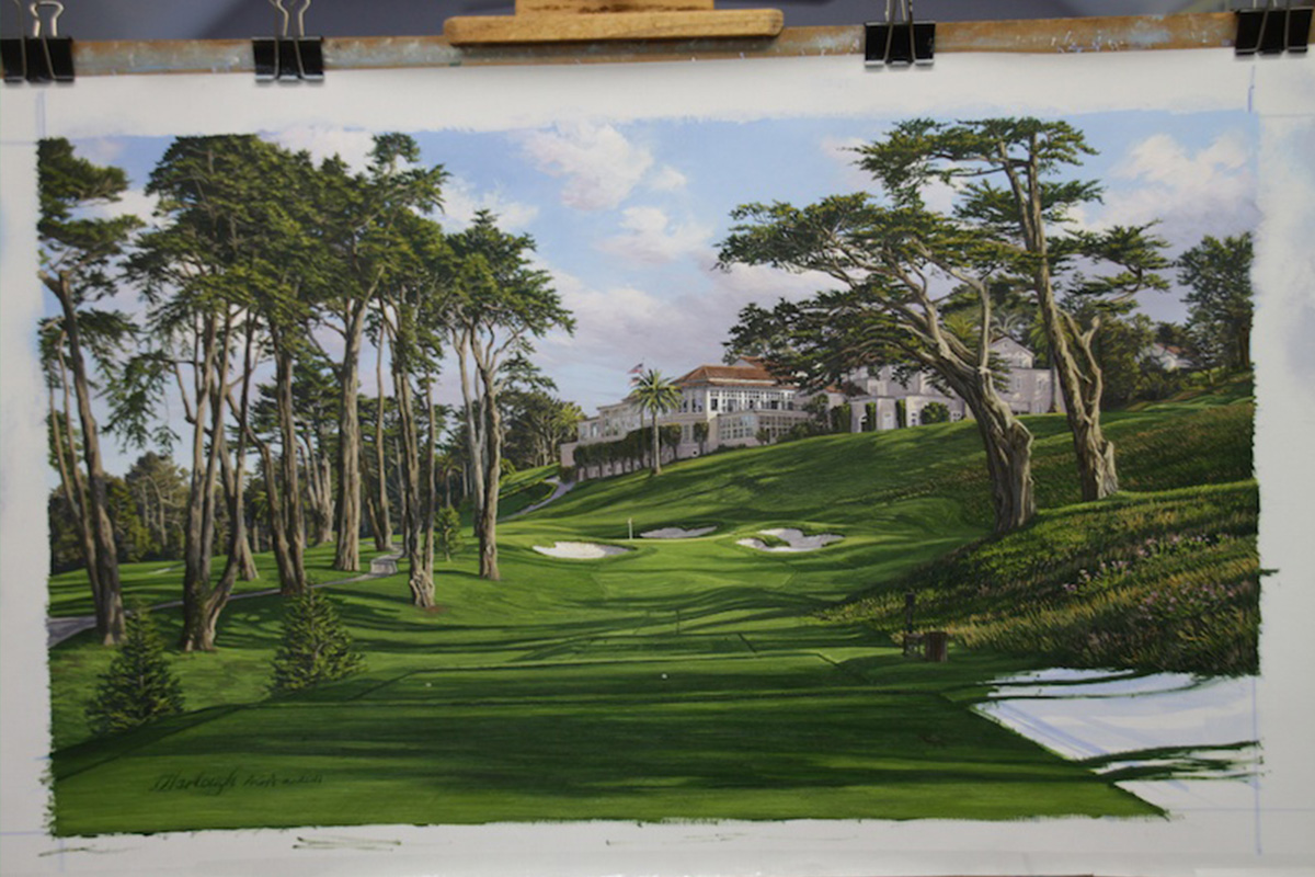 A work-in-progress painting of the 8th hole at Olympic, 2012 US Open Championship by renowned Hilton Head Island artist Linda Hartough