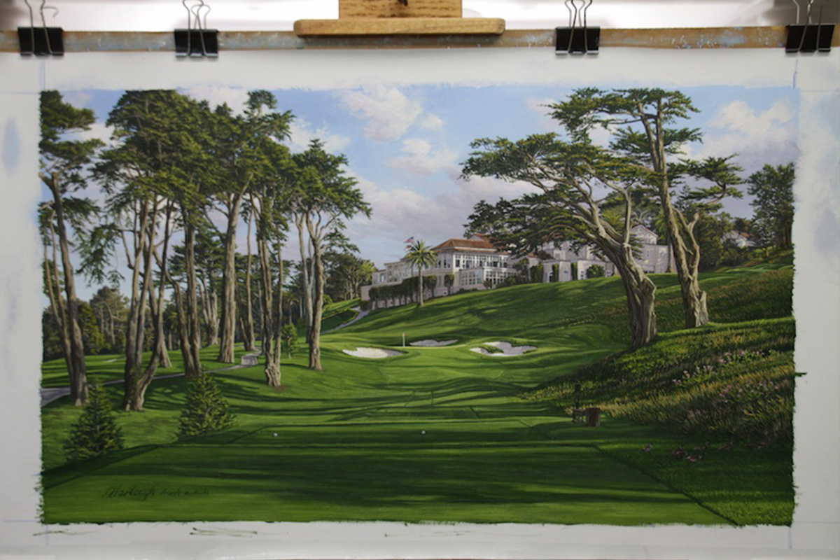 A painting of the 8th hole at Olympic, 2012 US Open Championship by renowned Hilton Head Island artist Linda Hartough