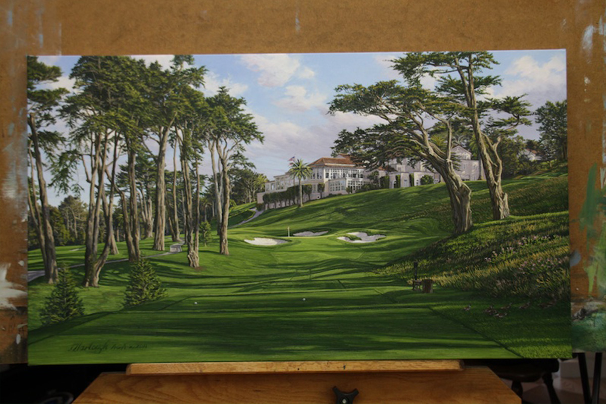 A painting of the 8th hole at Olympic, 2012 US Open Championship by renowned Hilton Head Island artist Linda Hartough