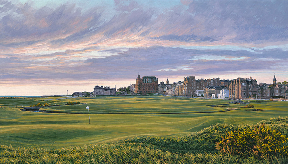 A painting of the 1st hole at St Andrews (Old Course) by renowned Hilton Head Island artist Linda Hartough