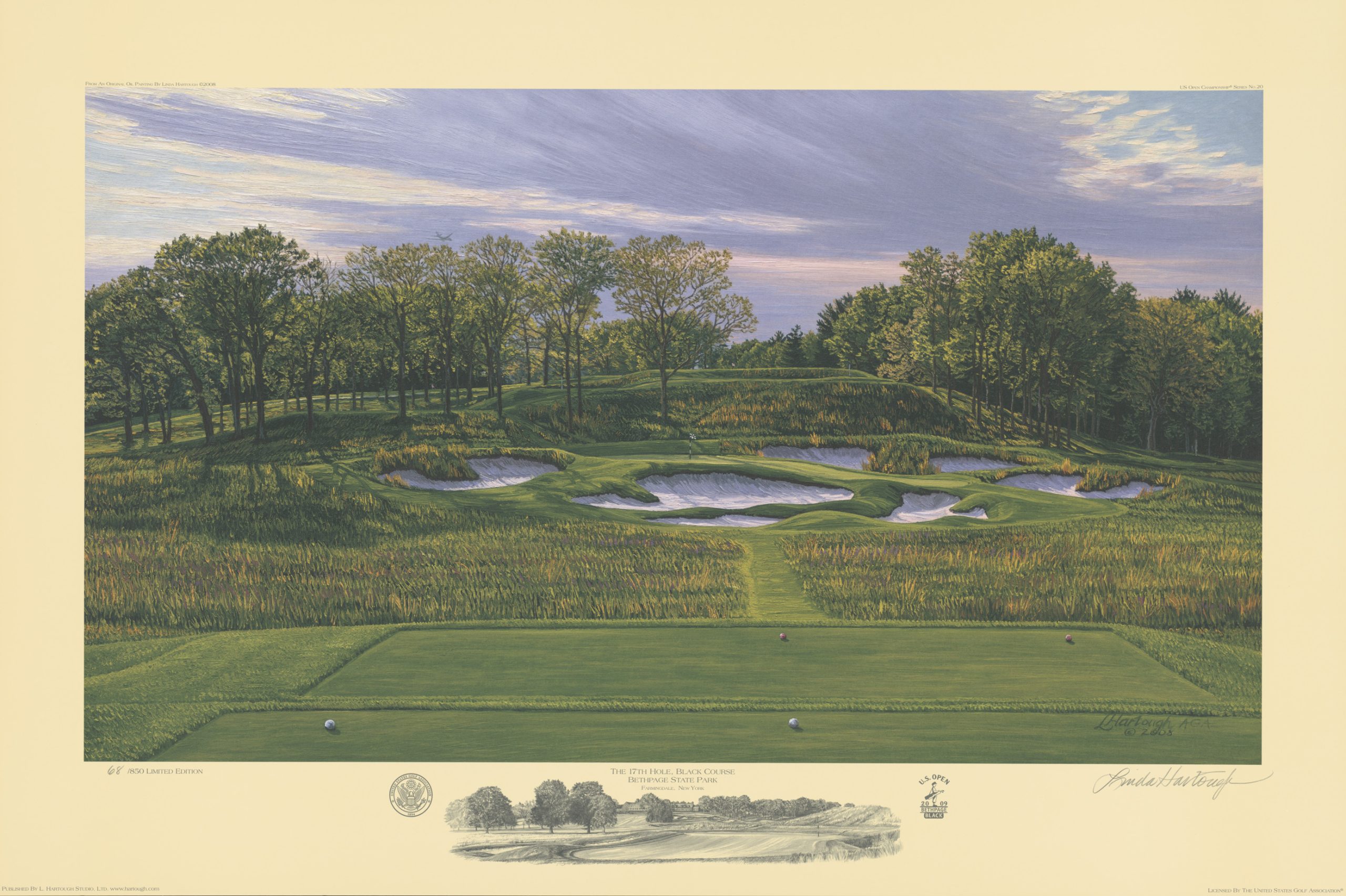 A painting of the 17th hole at Black Course Bethpage State Park by renowned Hilton Head Island artist Linda Hartough