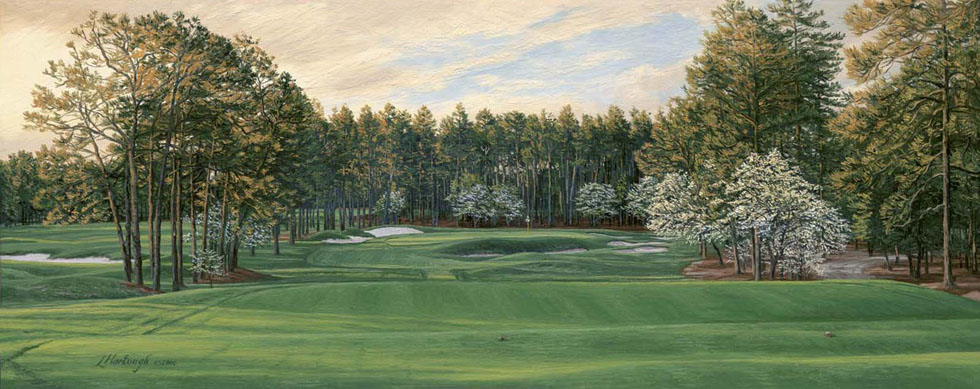 An open edition print of the 17th hole at Pinehurst No. 2 by renowned Hilton Head Island artist Linda Hartough