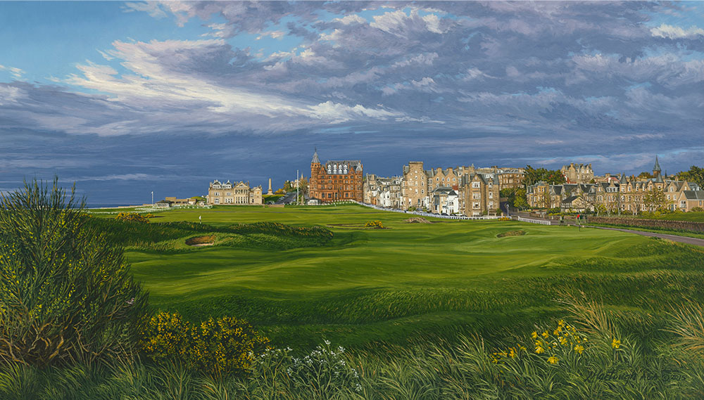 A painting of the 17th hole at Road Hole, St Andrews by renowned Hilton Head Island artist Linda Hartough