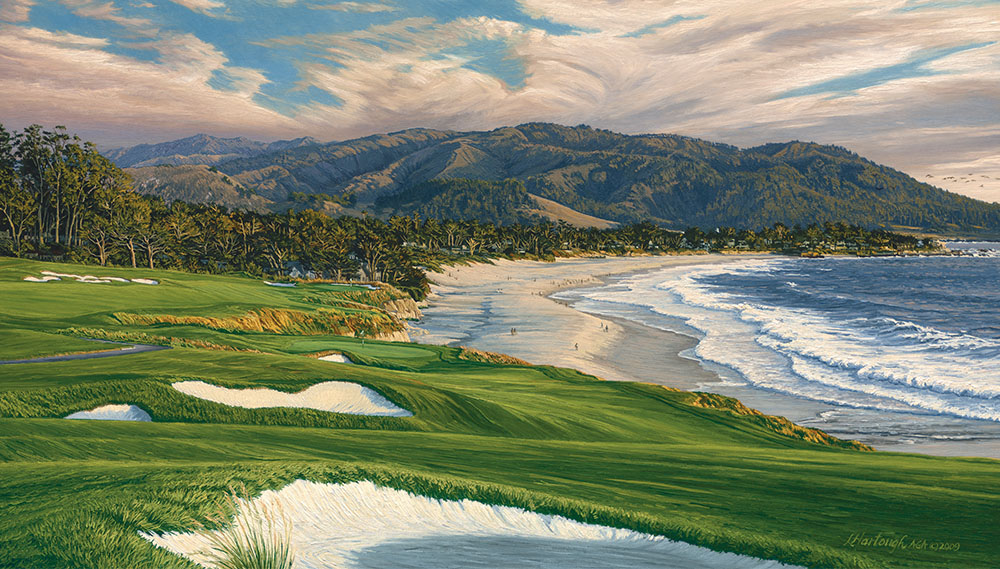 A painting of the 9th hole at Pebble Beach, 2010 US Open Championship by renowned Hilton Head Island artist Linda Hartough