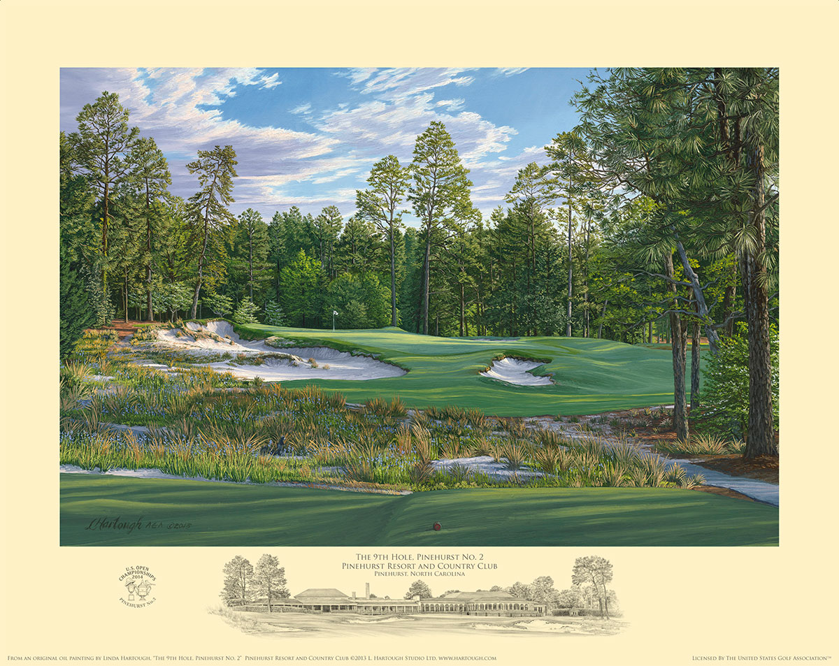 A fine art paper print of the 9th hole at Pinehurst No. 2 by renowned Hilton Head Island artist Linda Hartough