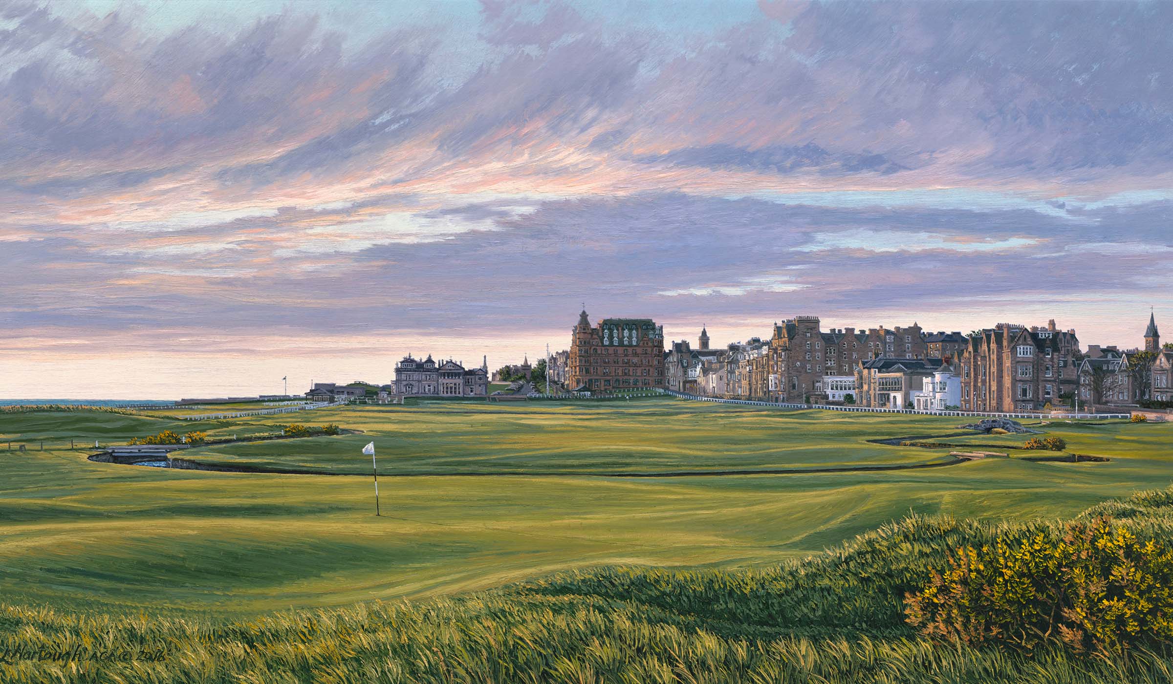 St. Andrews 1st hole. Renowned Hilton Head Island artist Linda Hartough captures the beauty of iconic golf courses with stunning realism in her celebrated paintings and prints.