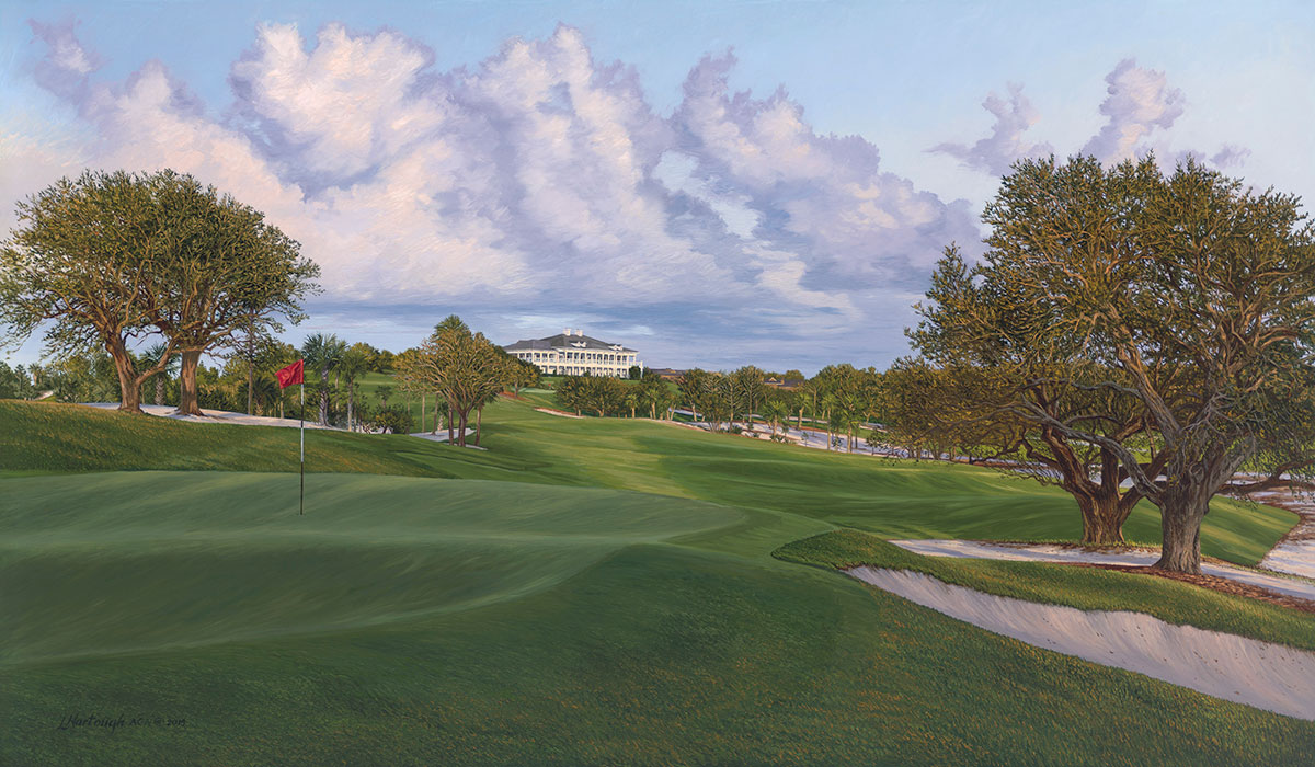 A painting of the 10th hole at Jupiter Hills by renowned Hilton Head Island artist Linda Hartough