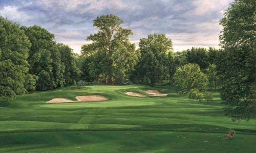 A painting of the 10th hole at Winged Foot West Course by renowned Hilton Head Island artist Linda Hartough