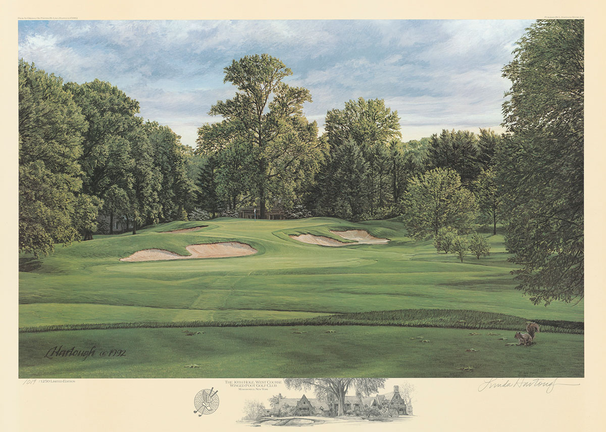 A fine art print of the 10th hole at Winged Foot West Course by renowned Hilton Head Island artist Linda Hartough