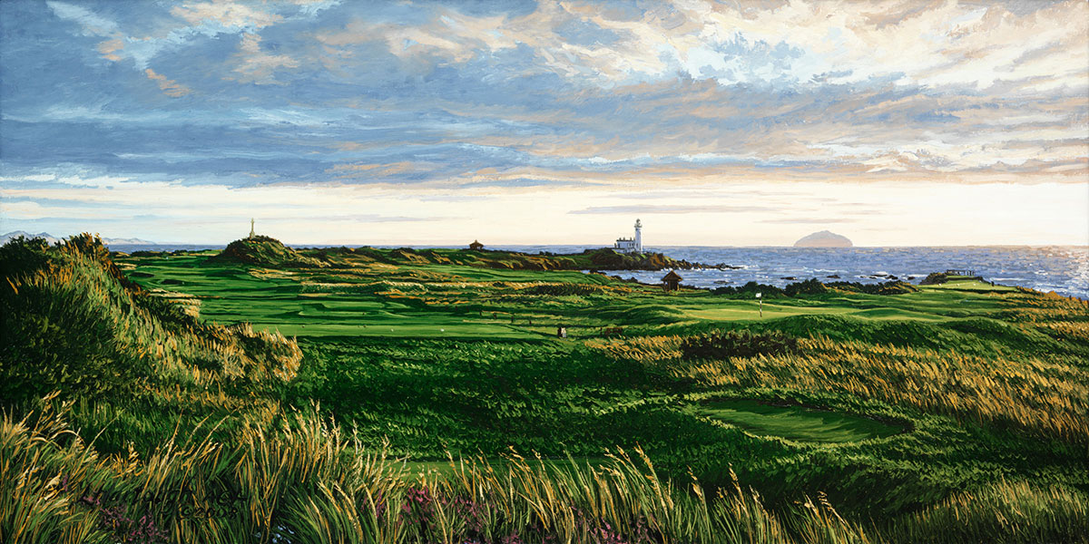 A painting of the 11th and 12th hole at Monument Turnberry Golf Club by renowned Hilton Head Island artist Linda Hartough