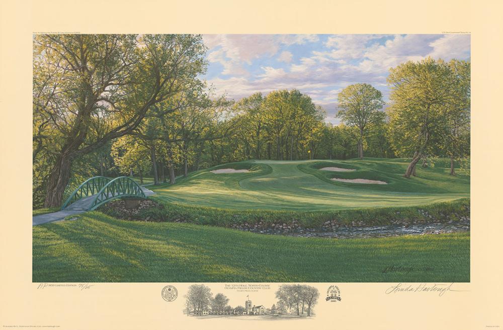 A fine art paper print of the 12th hole at Olympia Fields North Course, 2003 U.S. Open Championship by renowned Hilton Head Island artist Linda Hartough