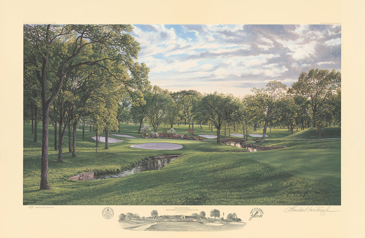 A fine art print of the 12th hole at Southern Hills, 2001 U.S. Open Championship by renowned Hilton Head Island artist Linda Hartough