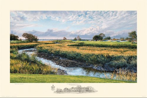 A fine art print of the 13th hole at Sea Island Golf Club Seaside Course by renowned Hilton Head Island artist Linda Hartough