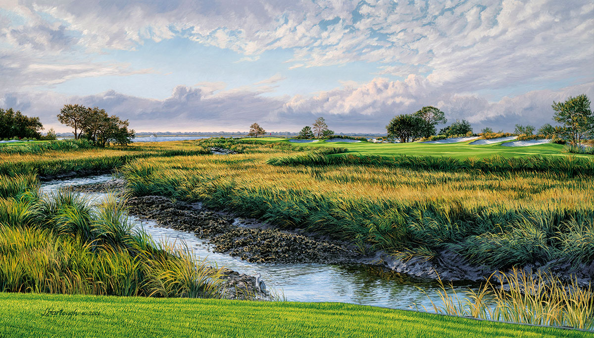 A painting of the 13th hole at Sea Island Golf Club Seaside Course by renowned Hilton Head Island artist Linda Hartough