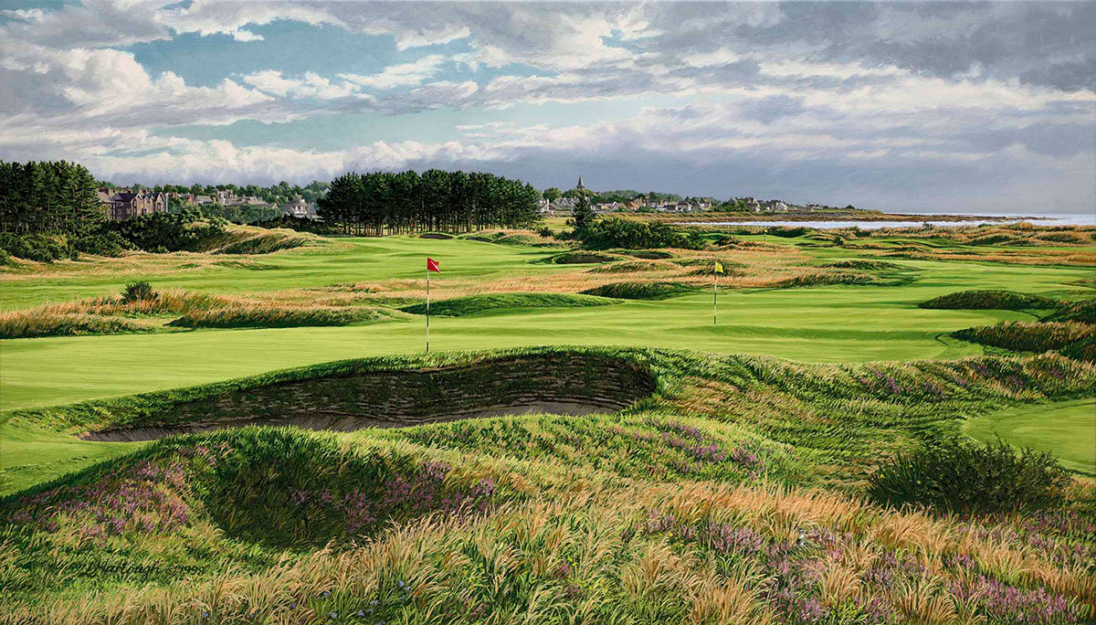A painting of the 14th and 4th hole at Carnoustie by renowned Hilton Head Island artist Linda Hartough